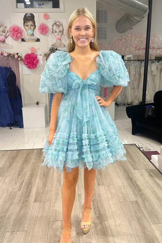 Puff Sleeves Light Blue Floral Print Ruffle Homecoming Dress With  Bow