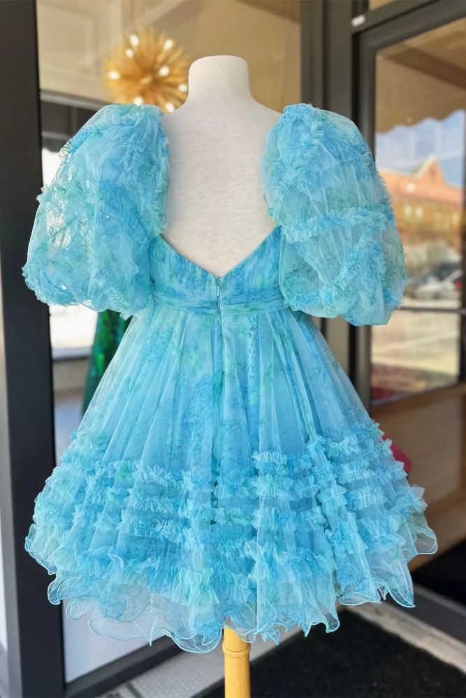 Puff Sleeves Light Blue Floral Print Ruffle Homecoming Dress With  Bow