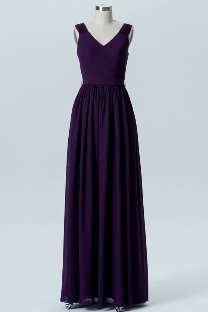 Dark Purple V-Neck Long Bridesmaid Dress with Bow