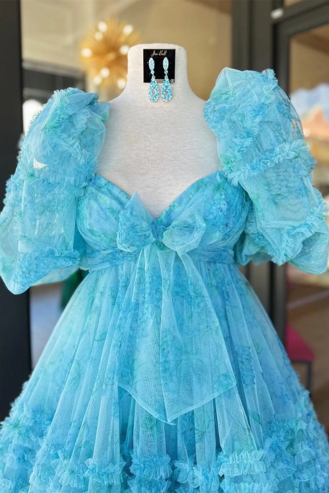 Puff Sleeves Light Blue Floral Print Ruffle Homecoming Dress With  Bow