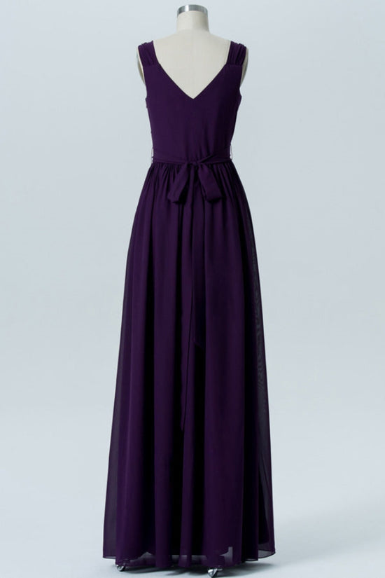 Dark Purple V-Neck Long Bridesmaid Dress with Bow