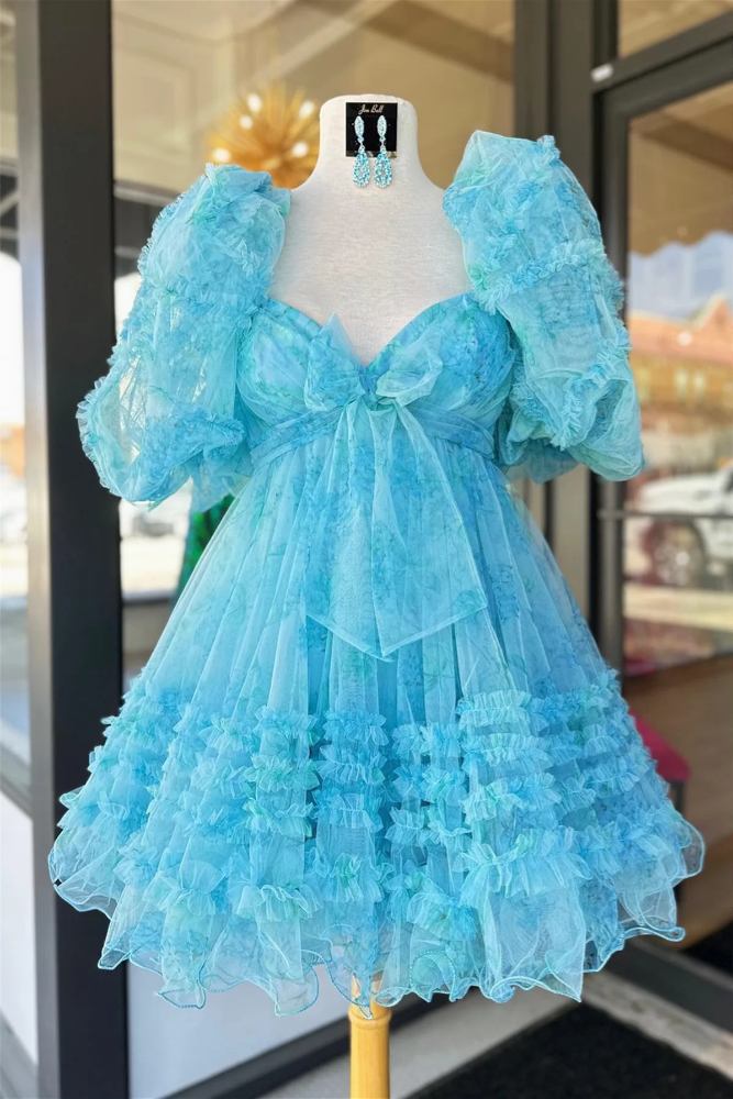 Puff Sleeves Light Blue Floral Print Ruffle Homecoming Dress With  Bow