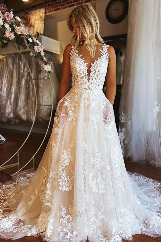 ivory a line wedding dress Ivory Plunging Neck Applique A-Line Bridal Dress – Movousdress