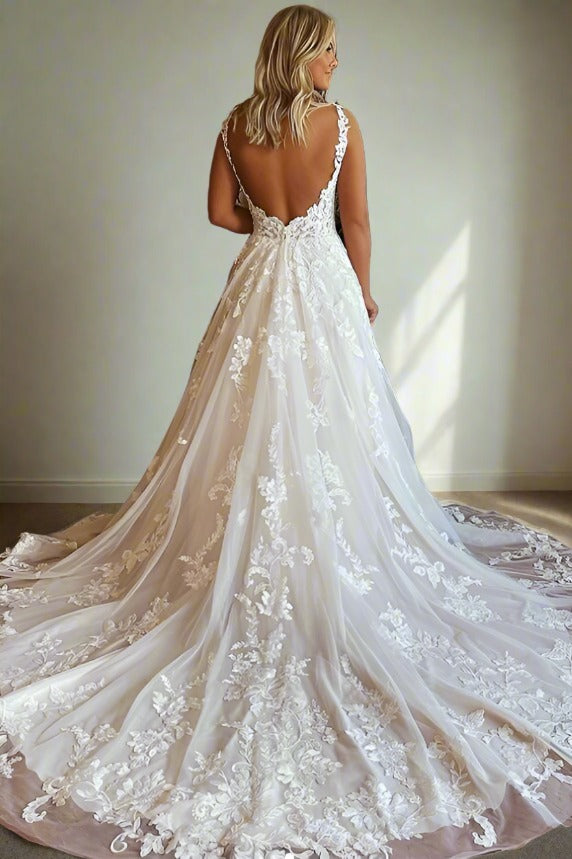 Ivory Plunging Neck Applique A-Line Bridal Dress Movousdress Ivory Plunging Neck Applique A-Line Bridal Dress Movousdress