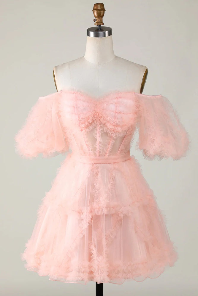 Pink Off the Shoulder Ruffle A-line Homecoming Dress with Puff Sleeves