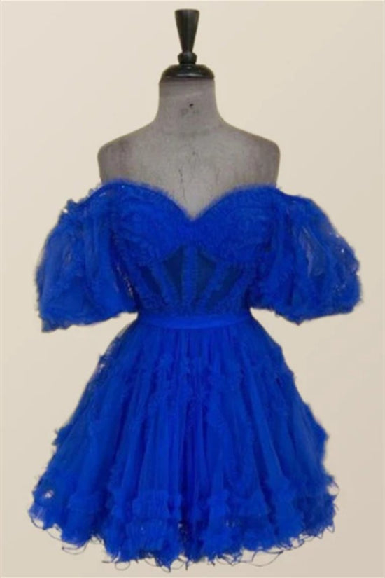 Royal Blue Off the Shoulder Ruffle A-line Homecoming Dress with Puff Sleeves