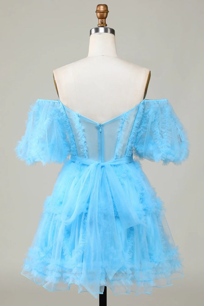 Light Blue Off the Shoulder Ruffle A-line Homecoming Dress with Puff Sleeves