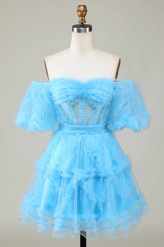 Light Blue Off the Shoulder Ruffle A-line Homecoming Dress with Puff Sleeves