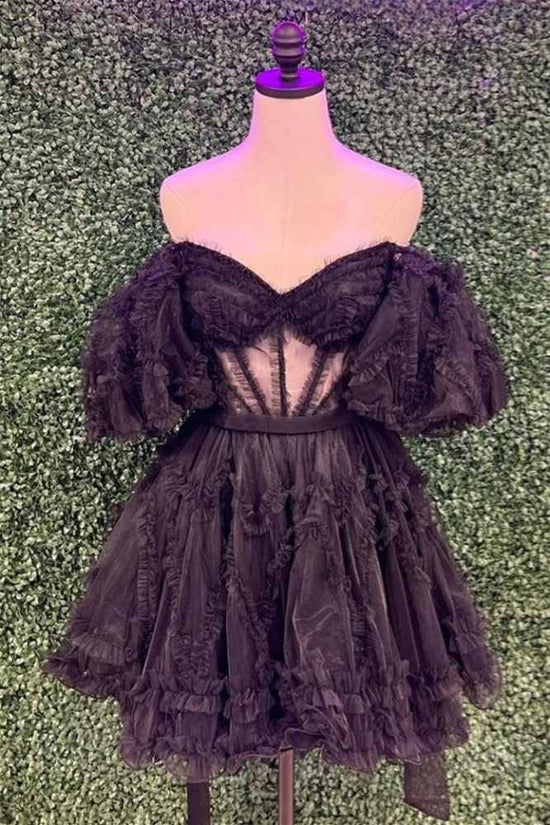 Black Off the Shoulder Ruffle A-line Homecoming Dress with Puff Sleeves