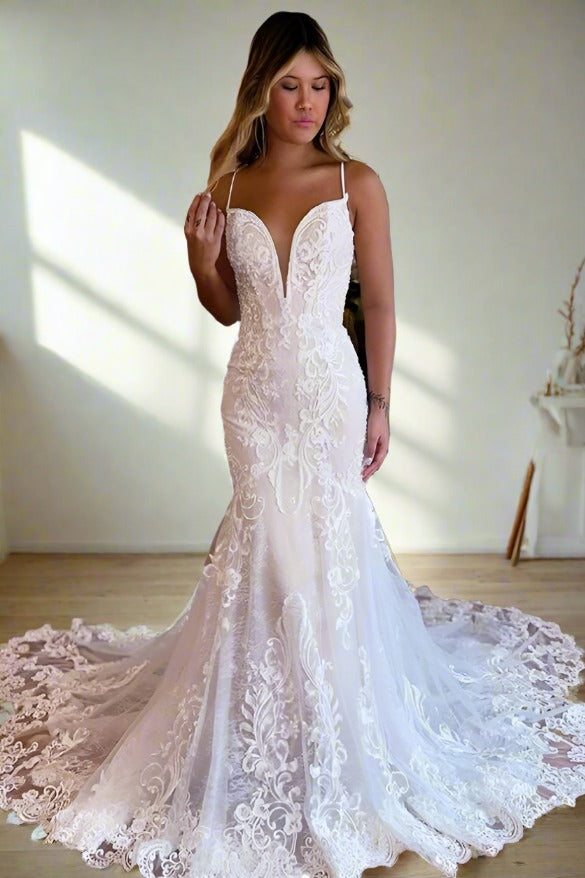 White Plunging Neck Applique Mermaid Bridal Dress