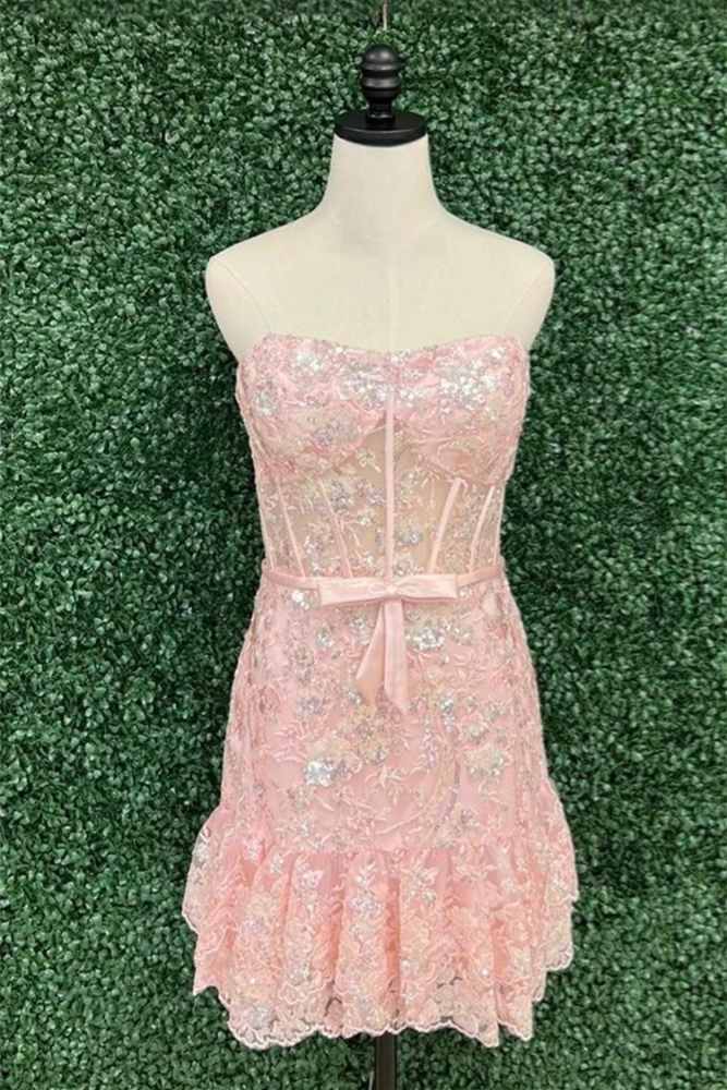 Pink Strapless Applique Sequin Ruffle Homecoming Dress