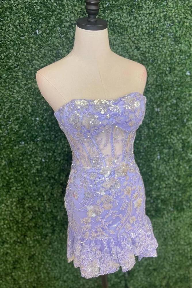 Lavender Strapless Applique Sequin Ruffle Homecoming Dress