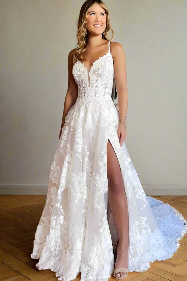 Ivory Spaghetti Straps Lace Wedding Dress with Slit