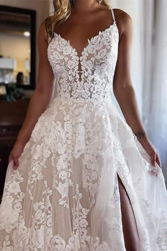 Ivory Spaghetti Straps Lace Wedding Dress with Slit