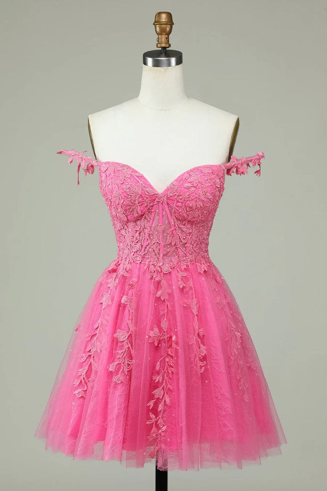 Pink Straps Applique A-Line Tulle Homecoming Dress