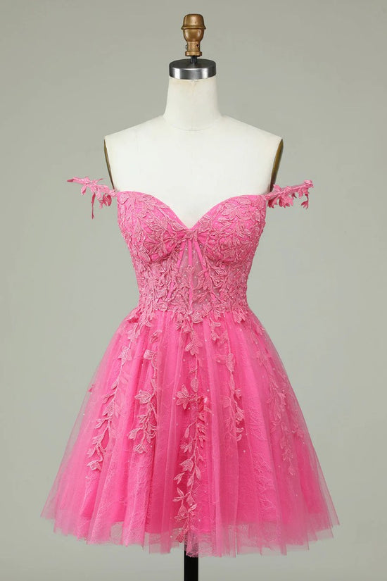 Pink Straps Applique A-Line Tulle Homecoming Dress