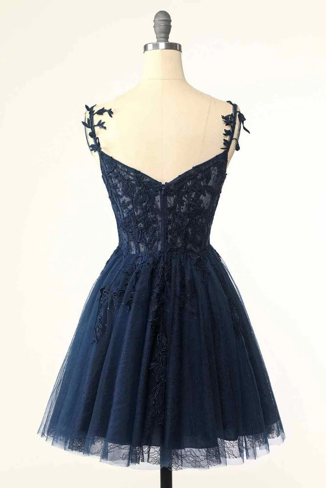 Dark Navy Straps Applique A-Line Tulle Homecoming Dress