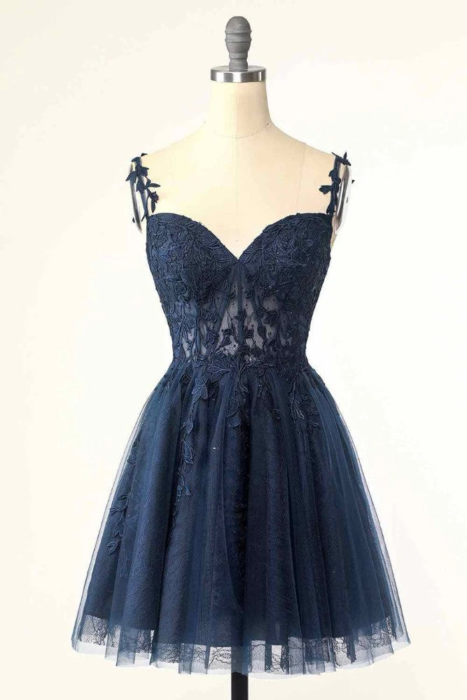 Dark Navy Straps Applique A-Line Tulle Homecoming Dress