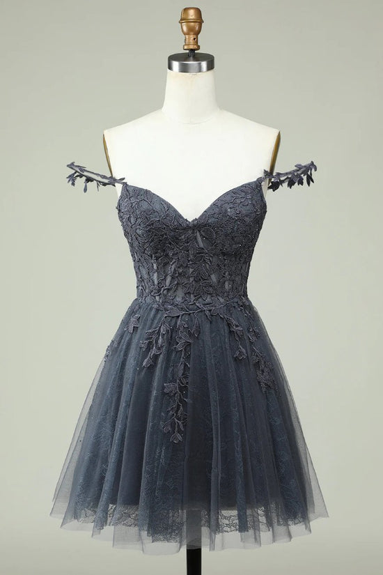 Gray Straps Applique A-Line Tulle Homecoming Dress