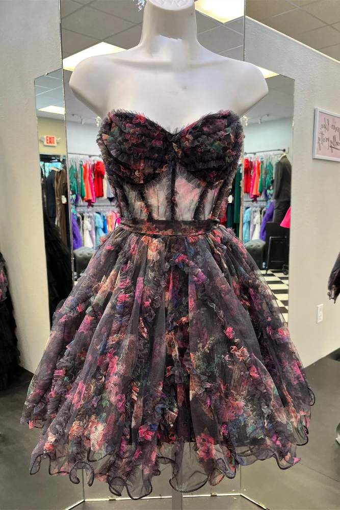 Strapless Floral Ruffle A-line Tulle Homecoming Dress