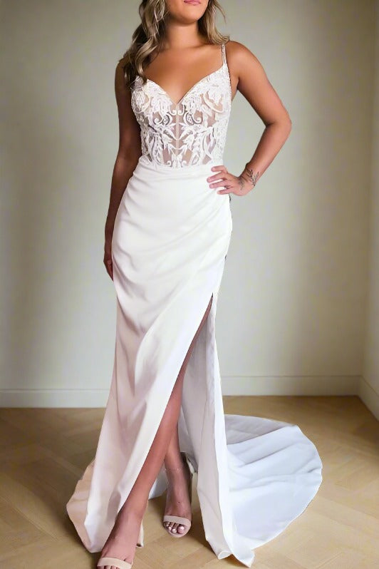 Ivory V-Neck Applique Satin Mermaid Bridal Dress with Slit