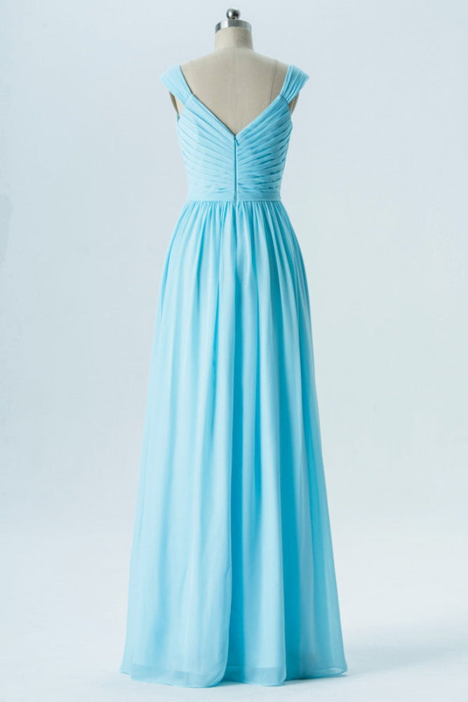 Light Blue V-Neck Chiffon Long Bridesmaid Dress