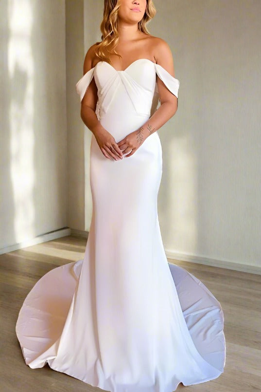 Off the Shoulder Ivory Satin Mermaid Wedding Dress