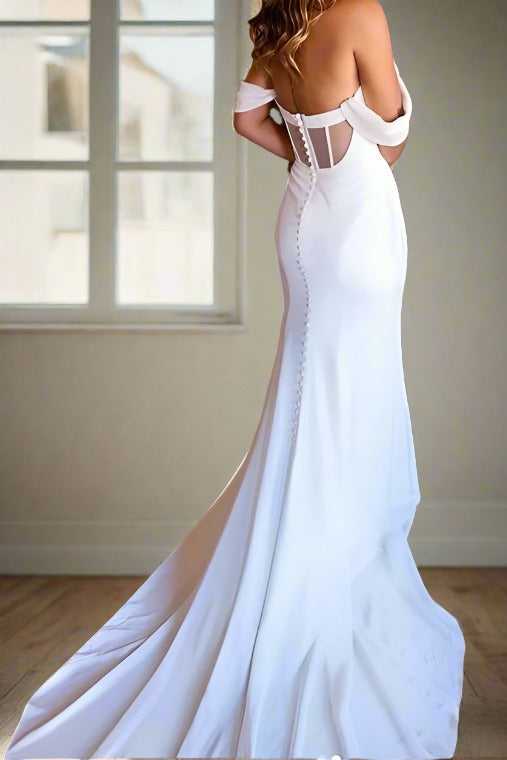 Off the Shoulder Ivory Satin Mermaid Wedding Dress