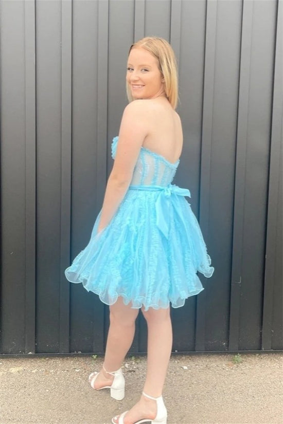 Strapless Light Blue A-line Ruffle Tulle Short Homecoming Dress