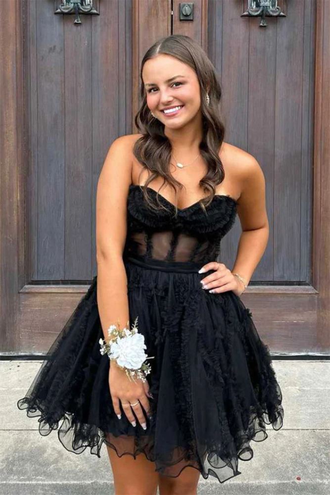 Strapless Black A-line Ruffle Tulle Short Homecoming Dress