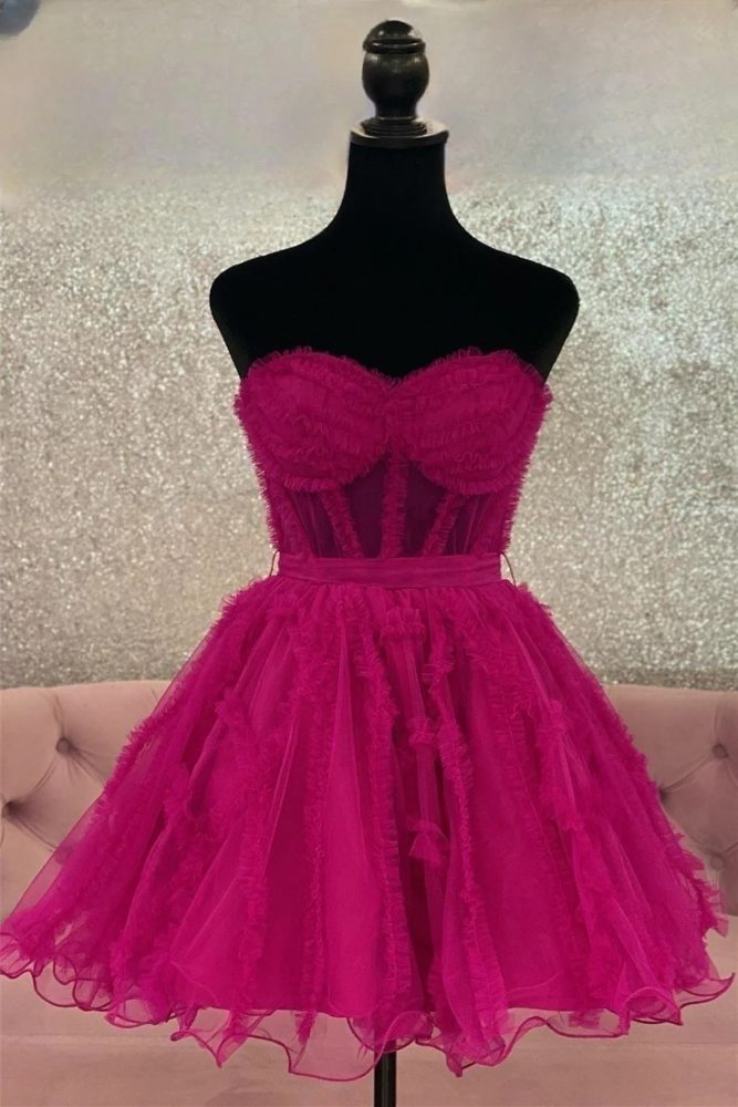 Strapless Fuchsia A-line Ruffle Tulle Short Homecoming Dress