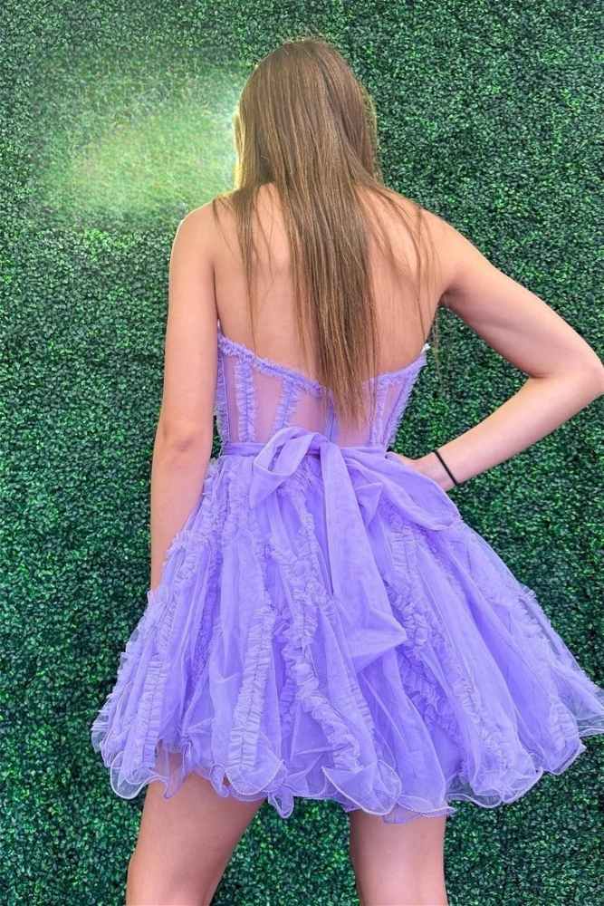 Strapless Lavender A-line Ruffle Tulle Short Homecoming Dress