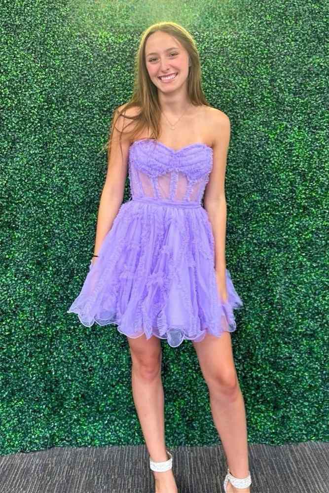 Strapless Lavender A-line Ruffle Tulle Short Homecoming Dress