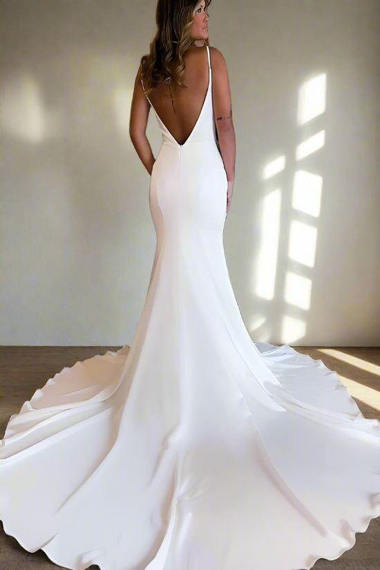 White Plunging Neck Mermaid Wedding Dress with Backless