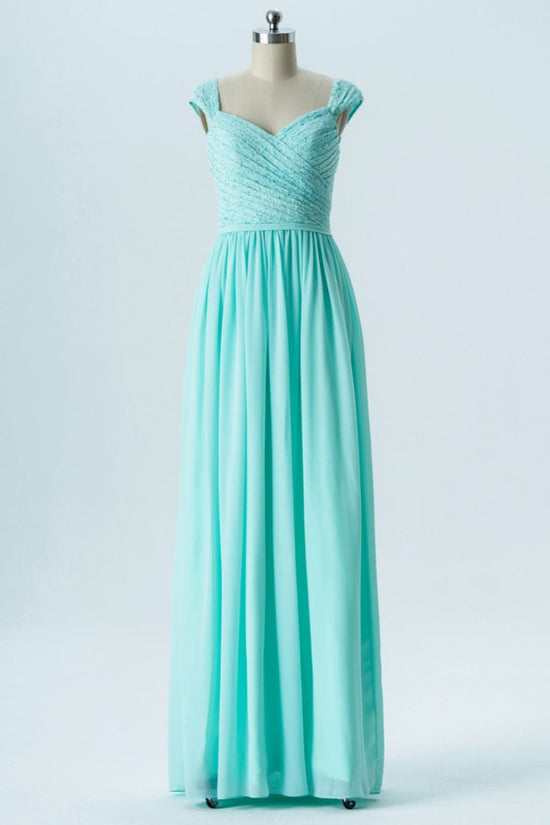 Aqua Blue V-Neck Pleated Chiffon Bridesmaid Dress