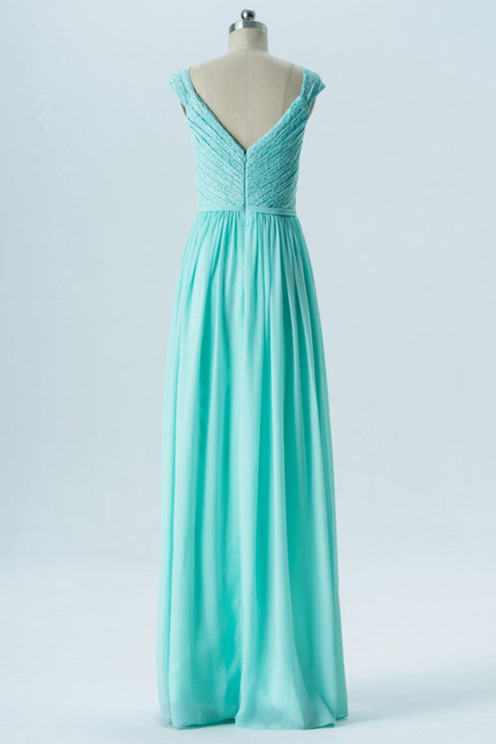 Aqua Blue V-Neck Pleated Chiffon Bridesmaid Dress