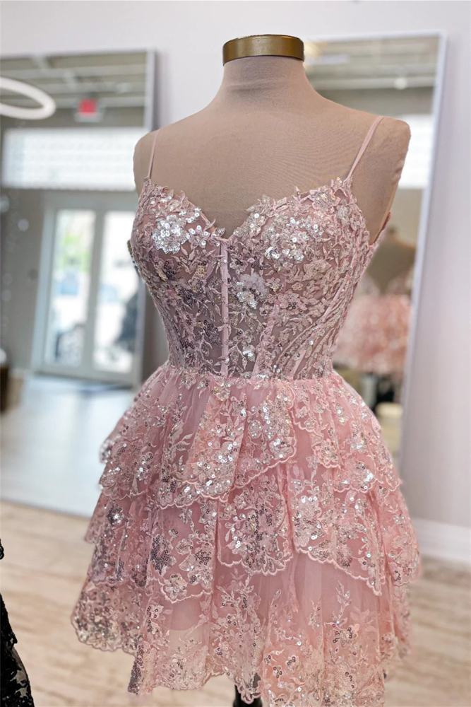 Pink Spaghetti Straps  Applique Sequin A-line Ruffle Homecoming Dress