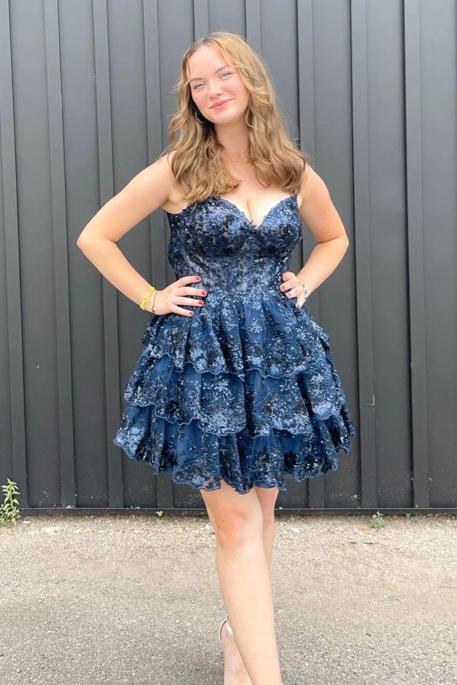 Dark Navy Spaghetti Straps  Applique Sequin A-line Ruffle Homecoming Dress