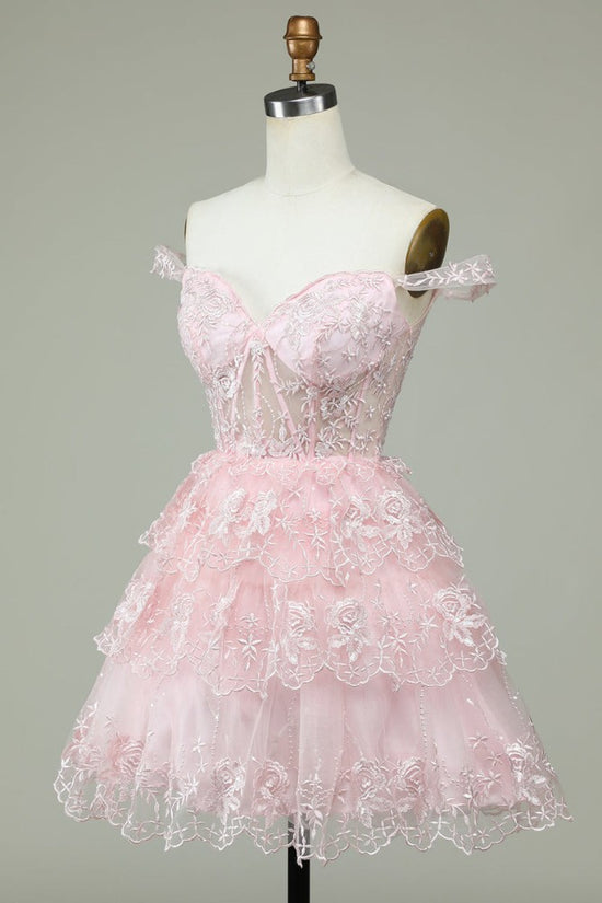 Off the shoulder Light Pink Applique Homecoming Dress