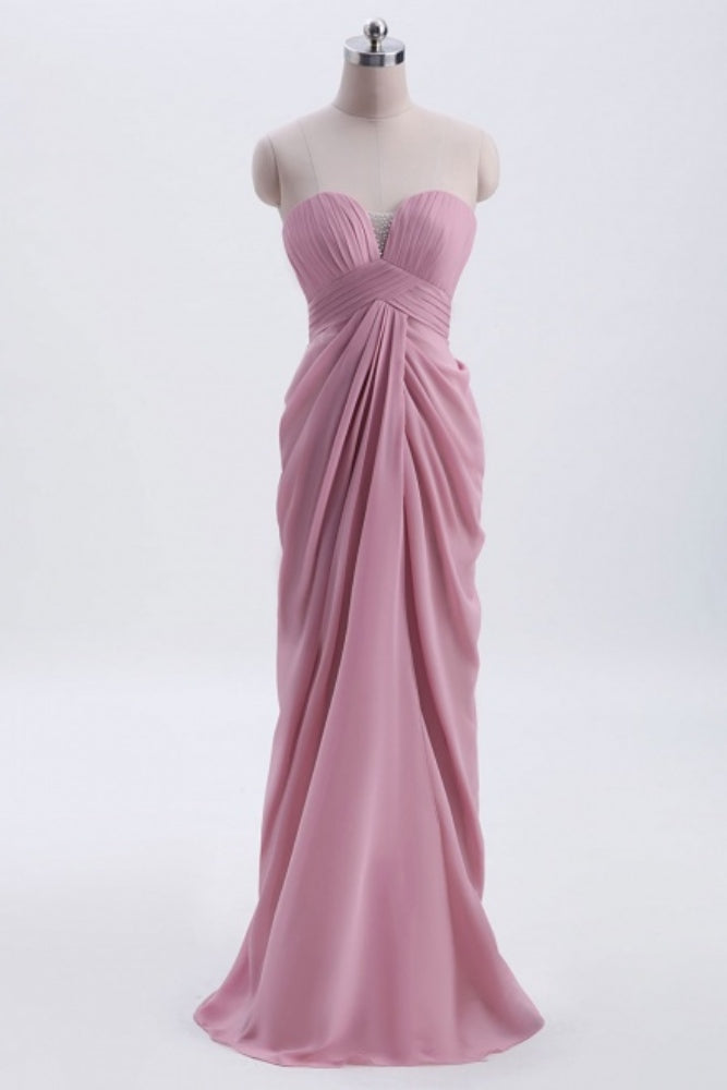 Dusty Pink Strapless Pleated Long Bridesmaid Dress