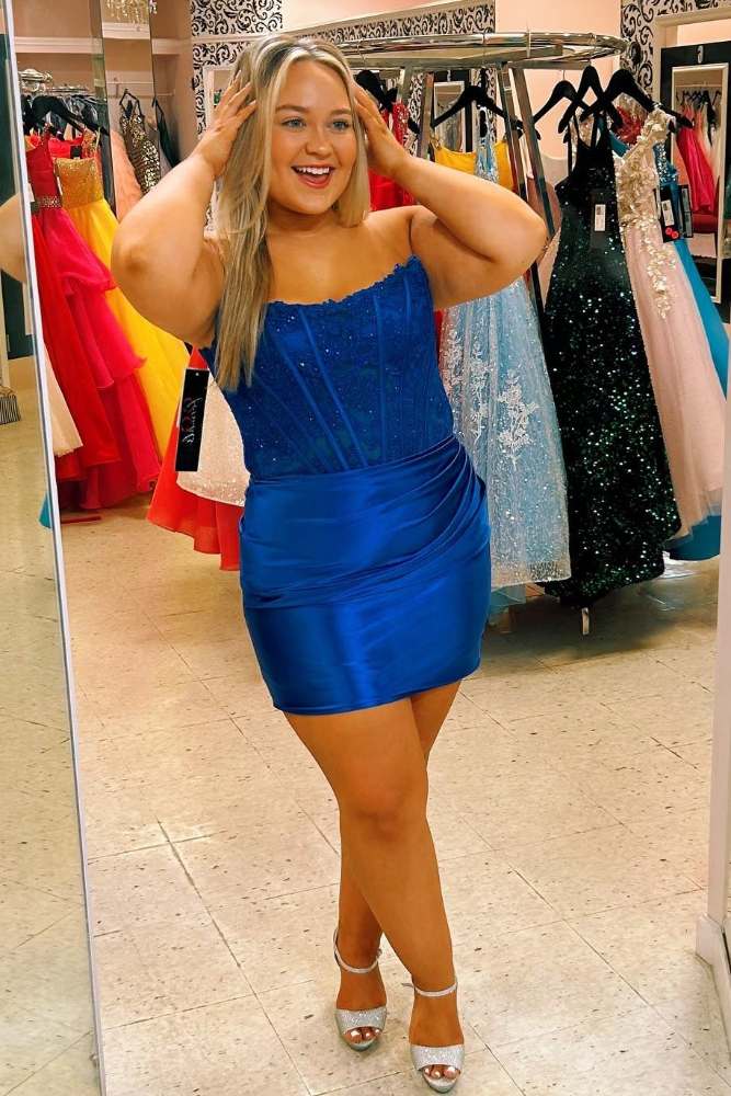 Strapless Royal Blue Appliques Satin Pleated Homecoming Dress