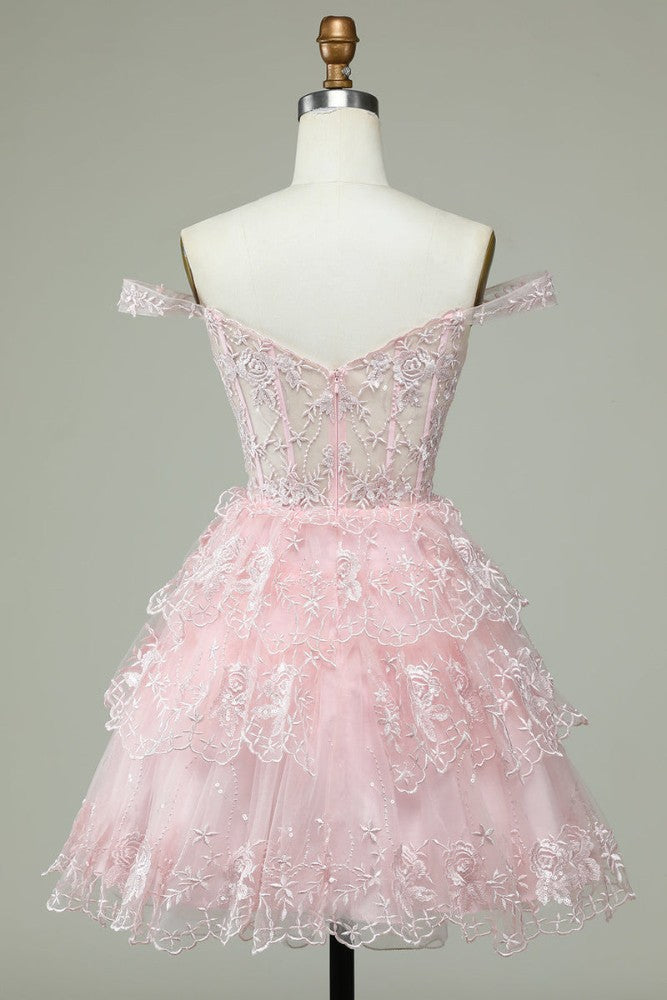 Off the shoulder Light Pink Applique Homecoming Dress