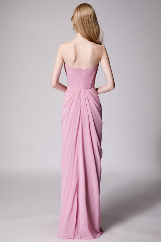 Dusty Pink Strapless Pleated Long Bridesmaid Dress