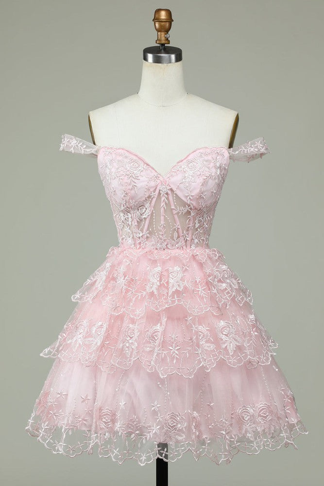 Off the shoulder Light Pink Applique Homecoming Dress