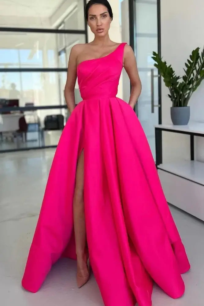 Casual Satin A-Line One Shoulder With Side Slit Long Prom Dress