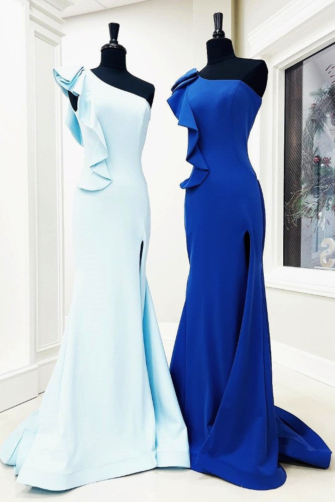 Royal Blue One Shoulder Stain Mermaid Prom Dress with Slit