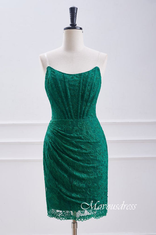 Hunter Green strapless Pleated Lace Homecoming Dress