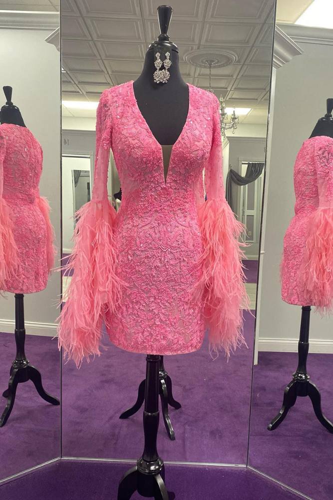 Hot Pink V-Neck Applique Bodycon Homecoming Dress with Feather