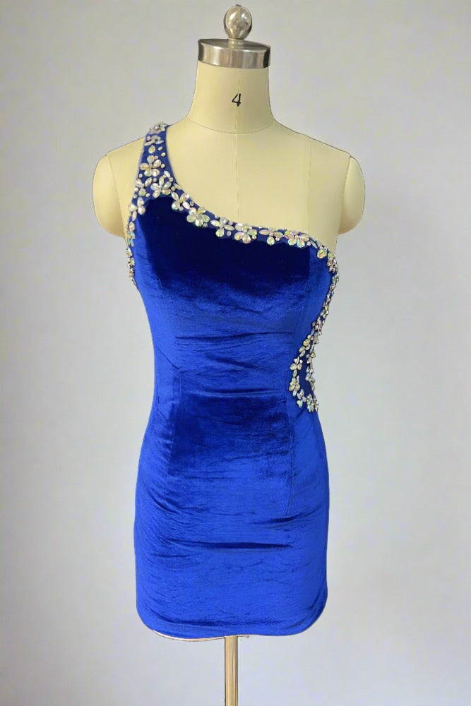 Royal Blue Velvet One Shoulder Homecoming Dress with Rhinestones