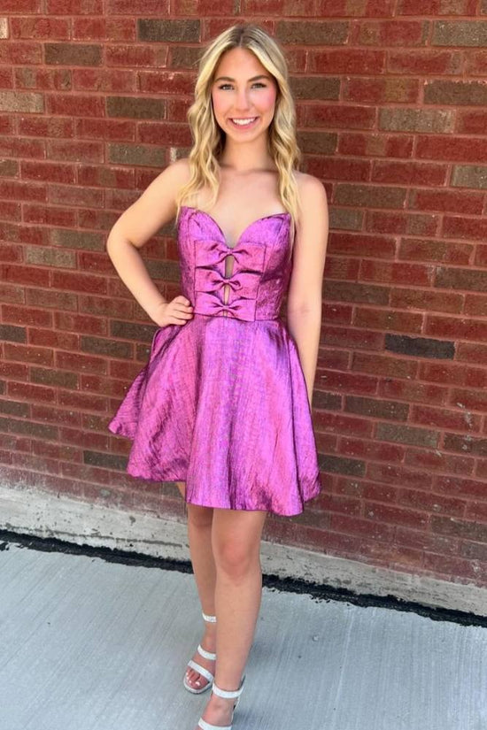 Purple Strapless A-line Short Homecoming Dress with Bow